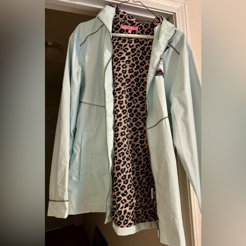 Simply Southern Baby Blue and Leopard hooded rain jacket